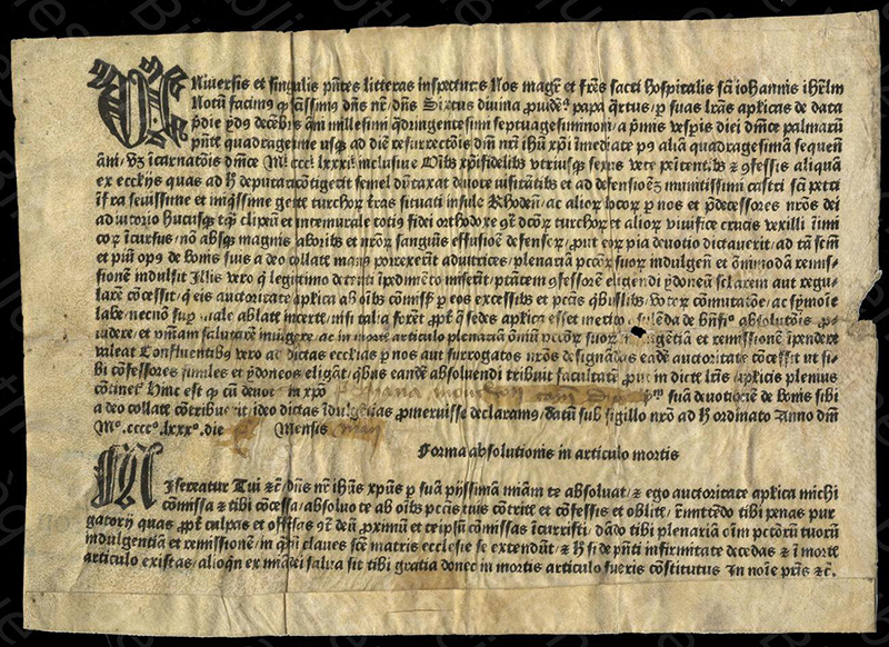 Placard [Indulgences pour l’expédition contre
                    les Turcs et la défense de Rhodes] -Placard
                    anopistographe