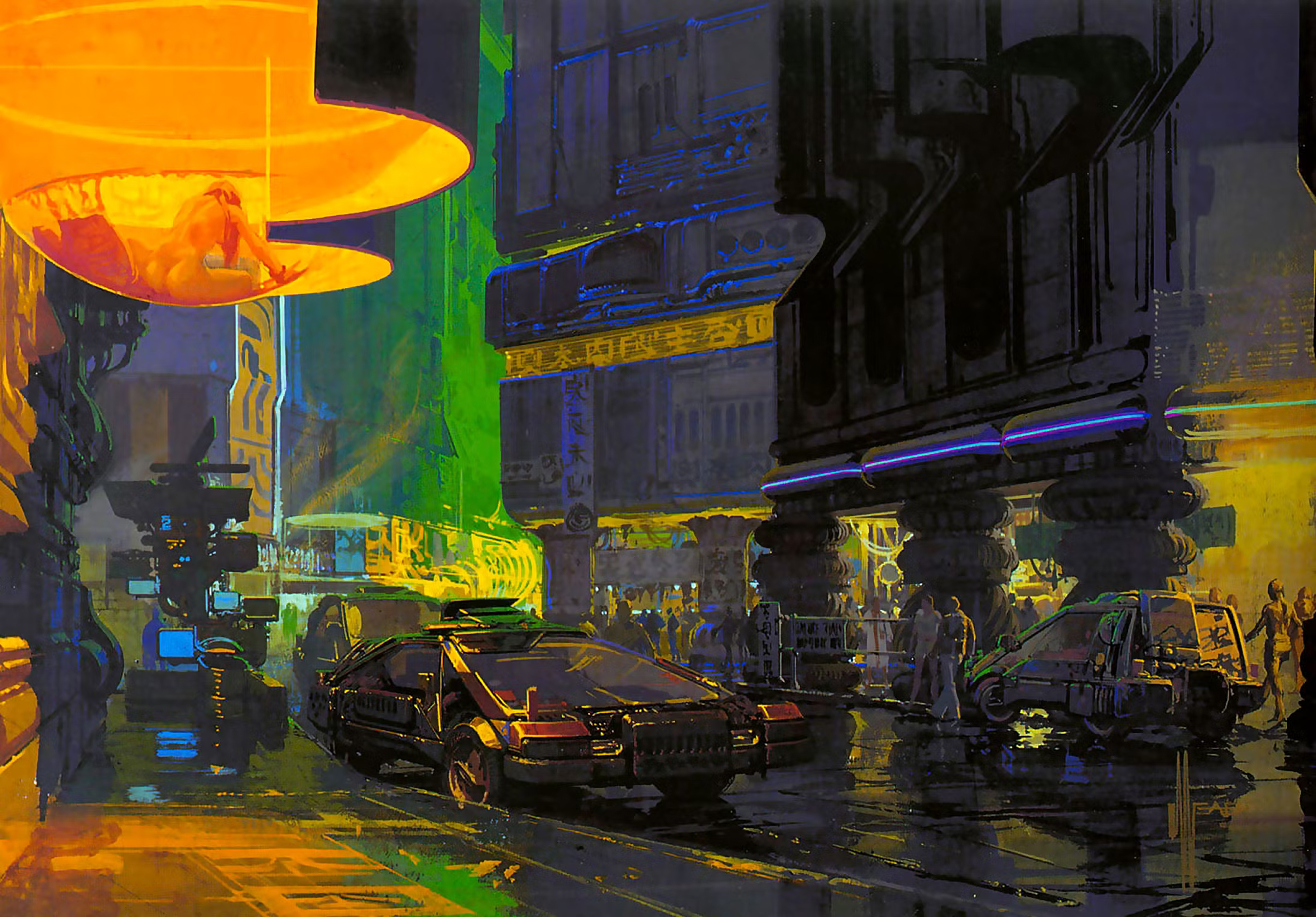 Peinture futuriste de Syd Mead, rue nocturne à la Blade Runner