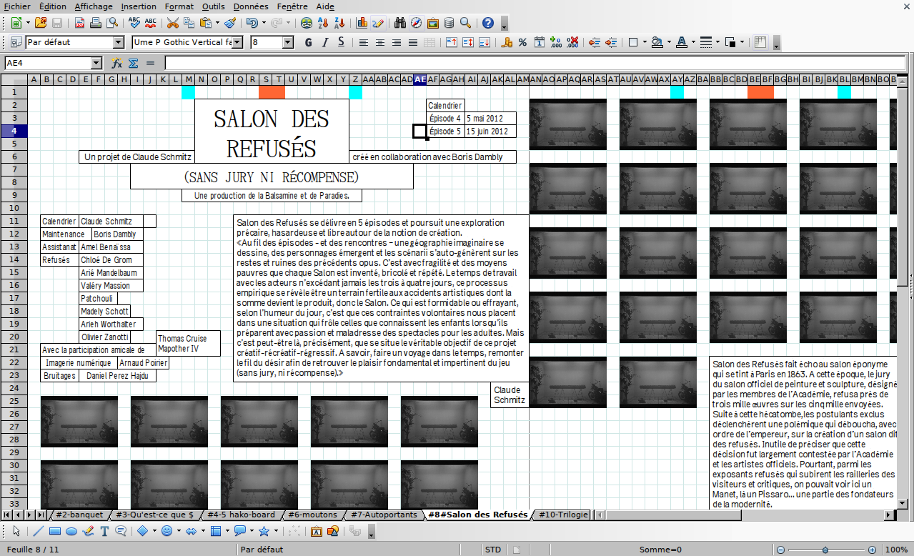 Une capture d’écran de l’élaboration du fanzine de La Balsamine de la saison 2011/2012 mis en forme par le collectif Open Source Publishing avec l’aide du tableur LibreOffice Calc.